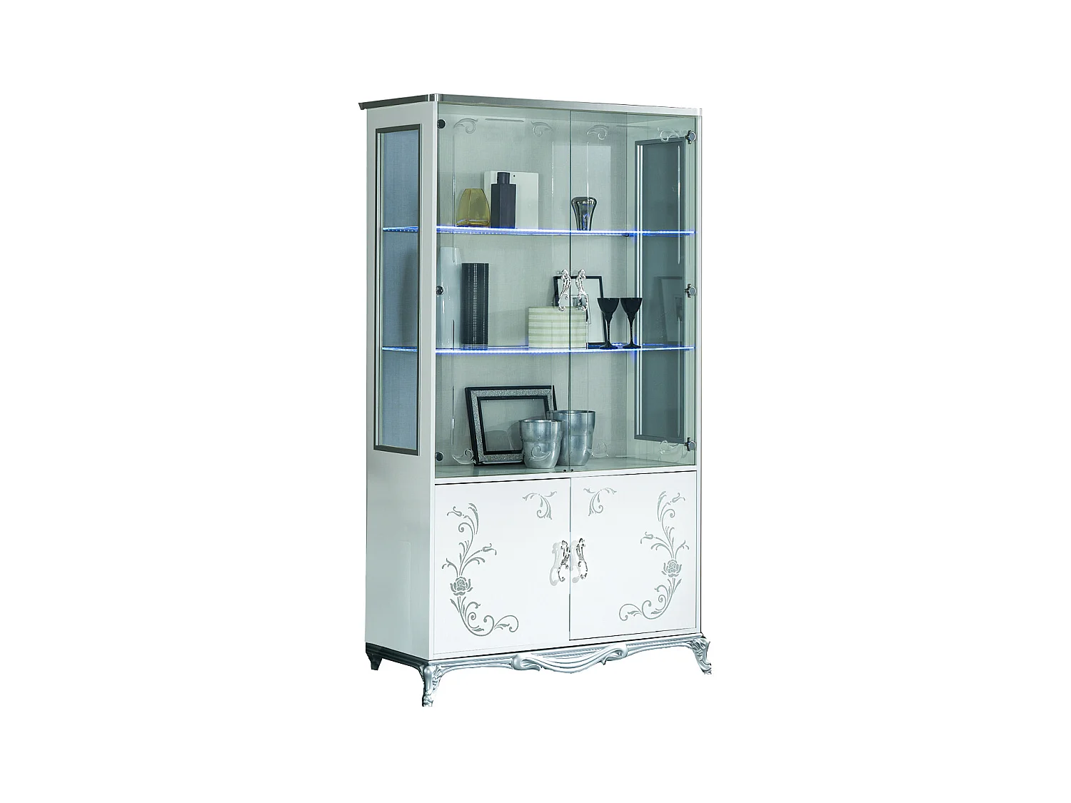 Vitrine à LED 4 portes bois laqué blanc et argent Dannie