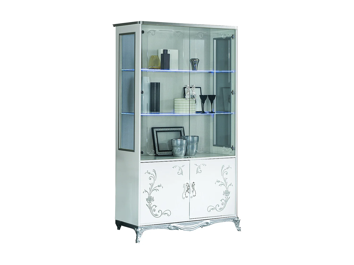 Vitrine à LED 4 portes bois laqué blanc et argent Dannie