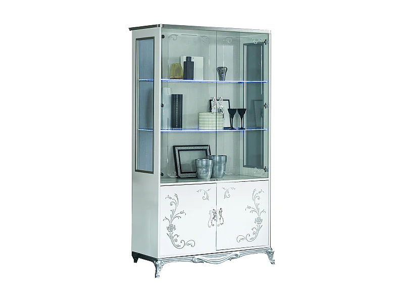 Vitrine à LED 4 portes bois laqué blanc et argent Dannie