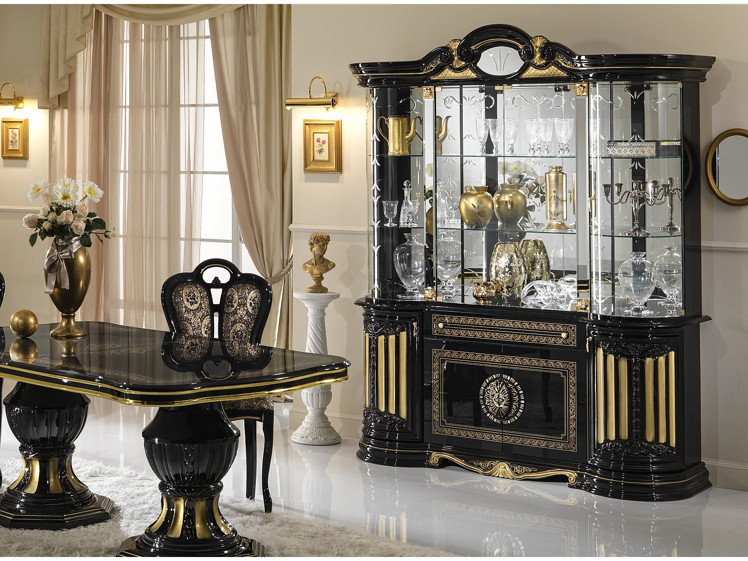 Vitrine 8 portes 1 tiroir vernis laqué brillant laqué noir et doré Lesly 173cm