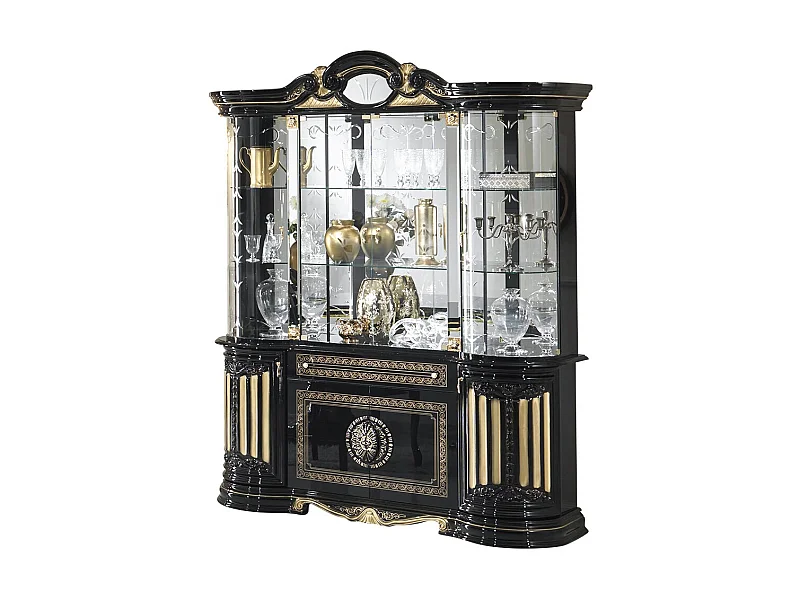 Vitrine 8 portes 1 tiroir vernis laqué brillant laqué noir et doré Lesly 173cm
