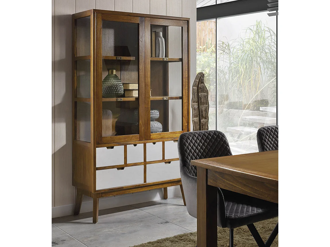 Vitrine 2 deuren 6 laden massief hout van mindi Kretos 105 cm