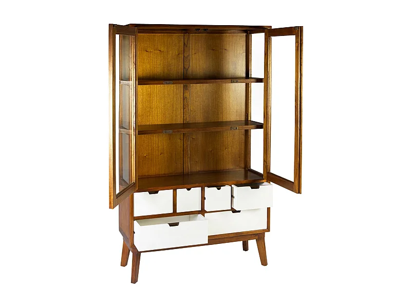 Vitrine 2 portes 6 tiroirs bois massif de mindi Kretos 105cm