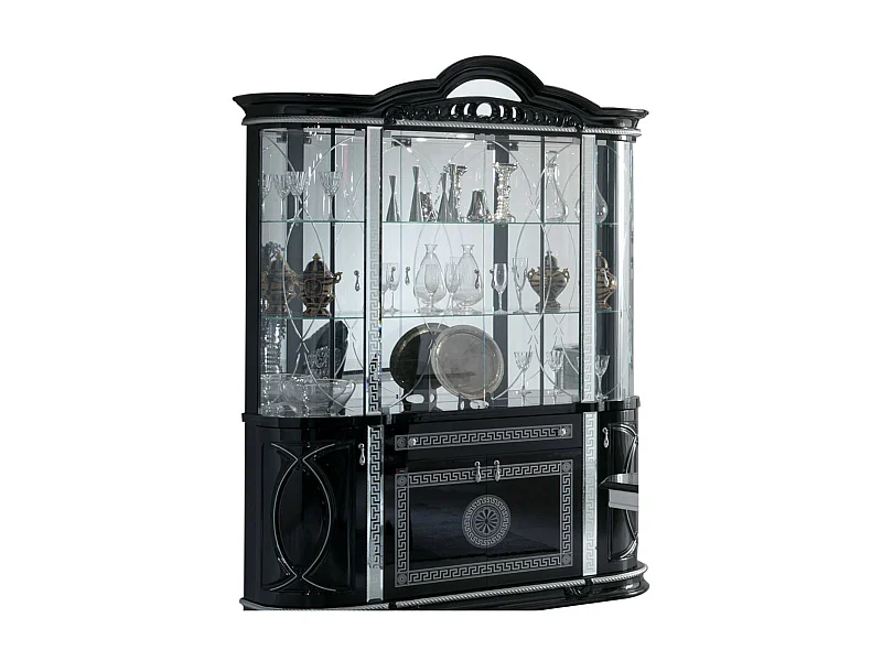 Vitrine 8 portes 1 tiroir bois vernis laqué brillant noir et gris Venus 163cm