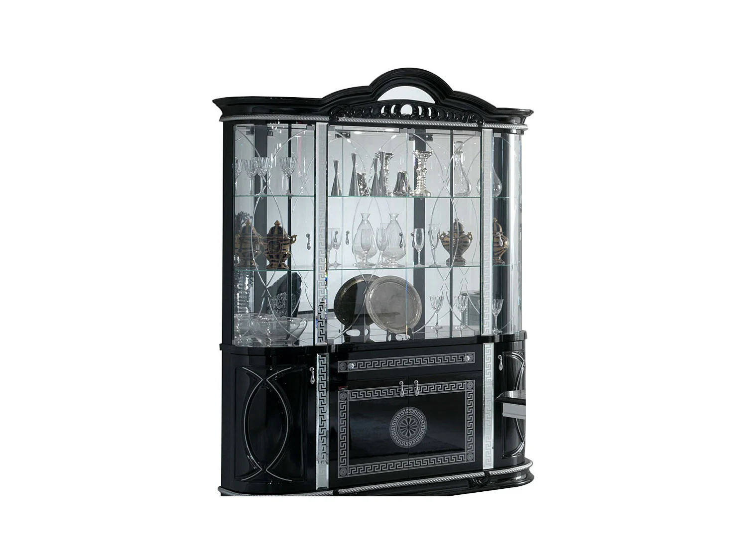 Vitrine 8 portes 1 tiroir bois vernis laqué brillant noir et gris Venus 163cm