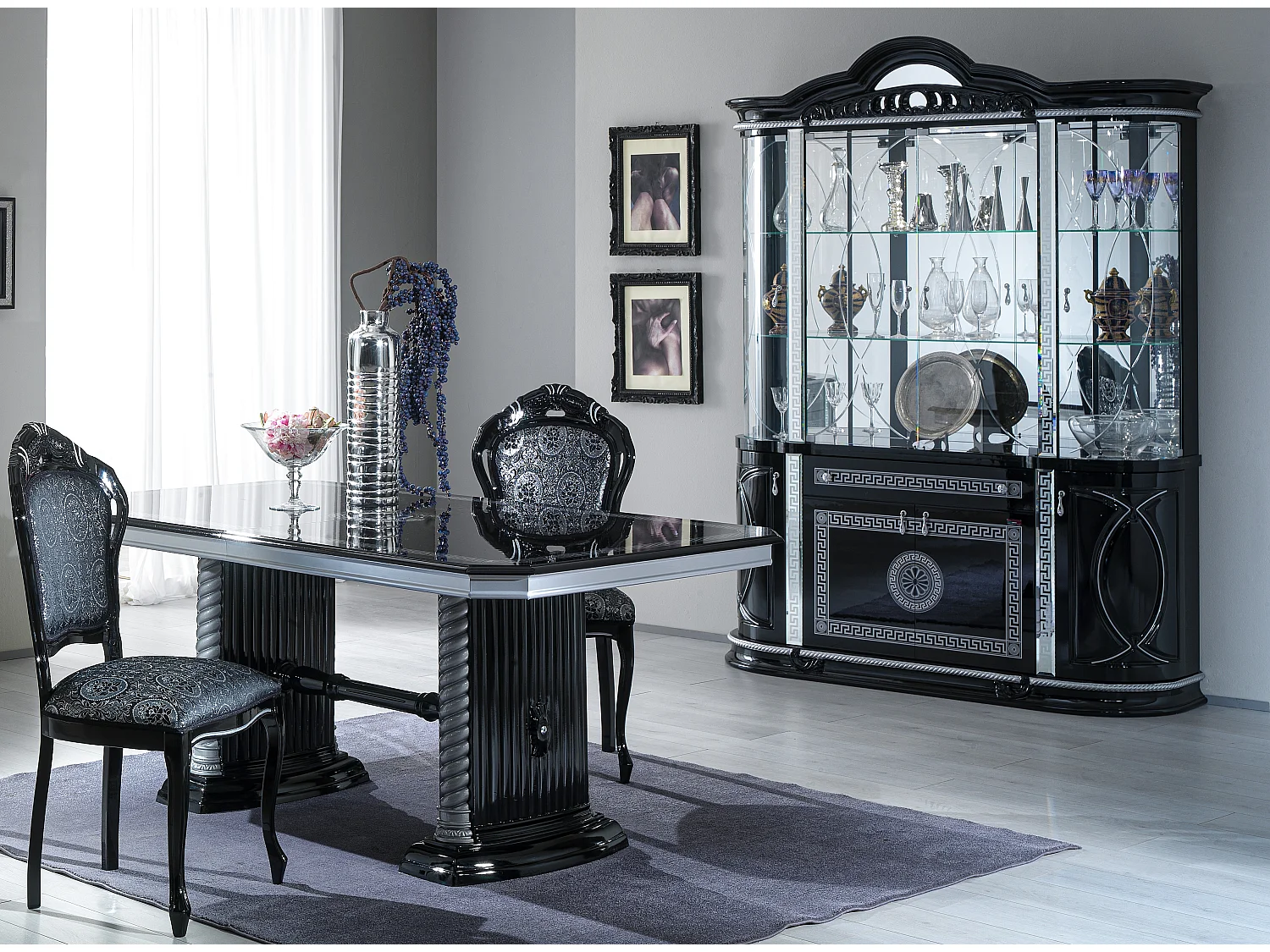 Vitrine 8 portes 1 tiroir bois vernis laqué brillant noir et gris Venus 163cm