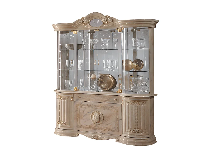Vitrine 8 portes 1 tiroir bois vernis laqué brillant beige et onyx effet marbré Lesly 173cm