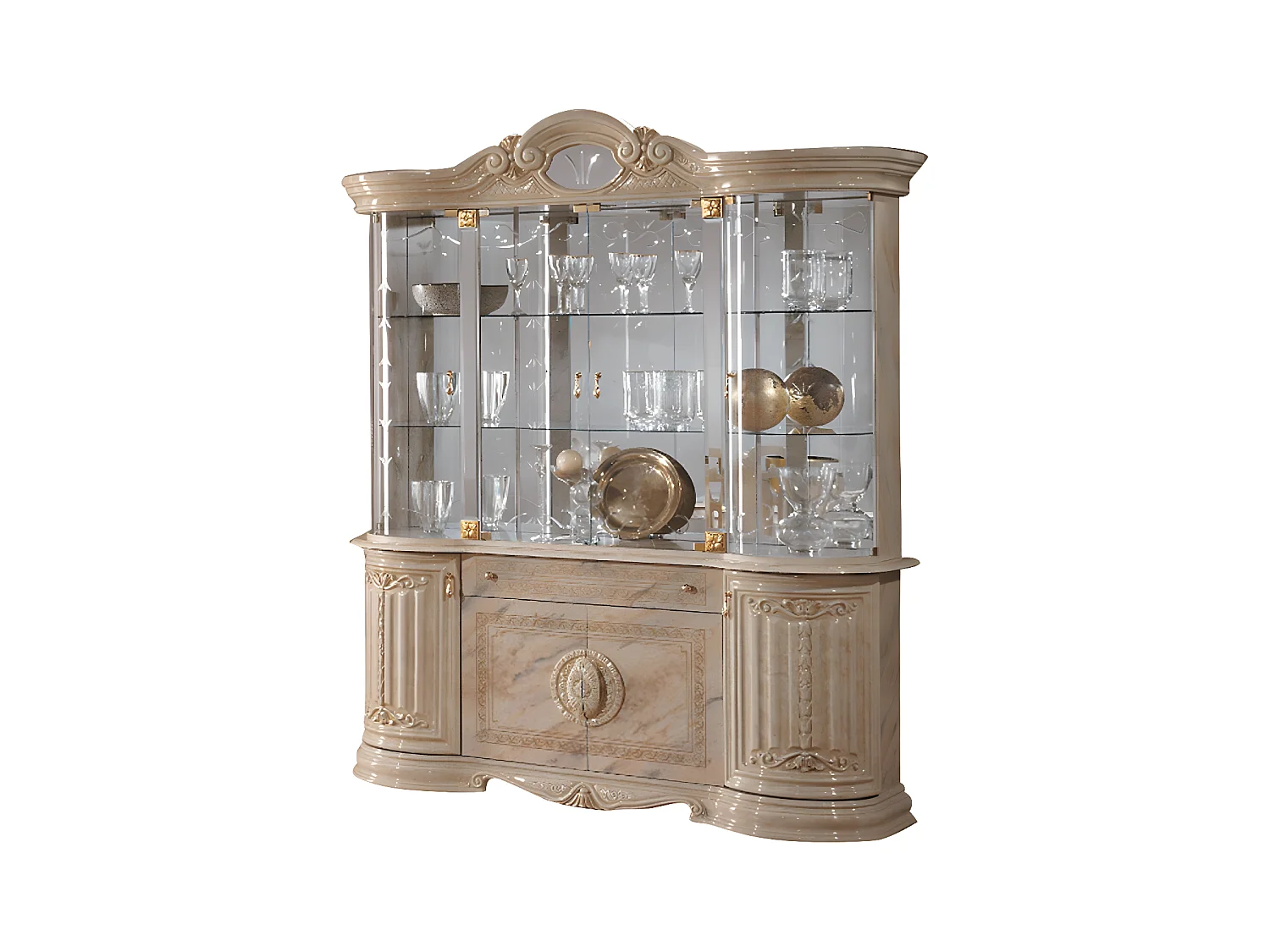 Vitrine 8 portes 1 tiroir bois vernis laqué brillant beige et onyx effet marbré Lesly 173cm