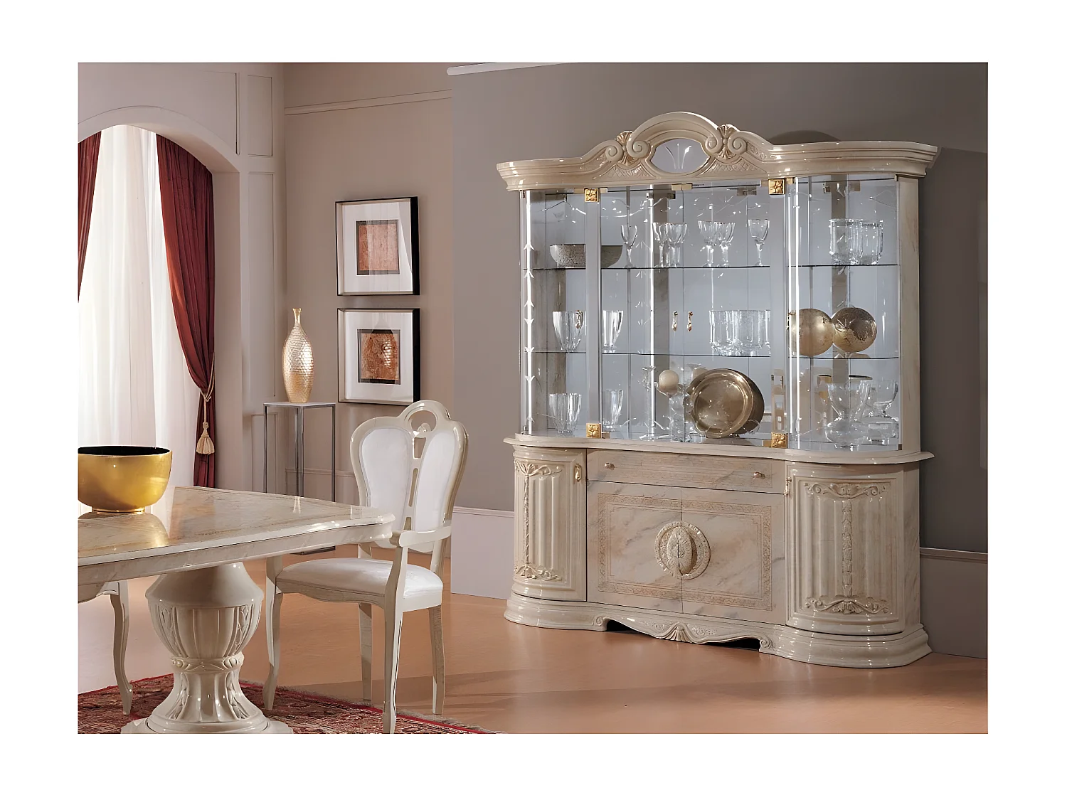 Vitrine 8 portes 1 tiroir bois vernis laqué brillant beige et onyx effet marbré Lesly 173cm