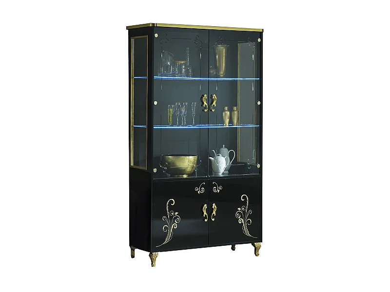 Vitrine à LED 4 portes bois vernis brillant noir et doré Jade 60cm