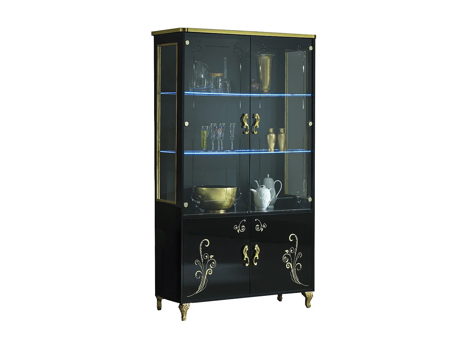 Vitrine à LED 4 portes bois vernis brillant noir et doré Jade 60cm
