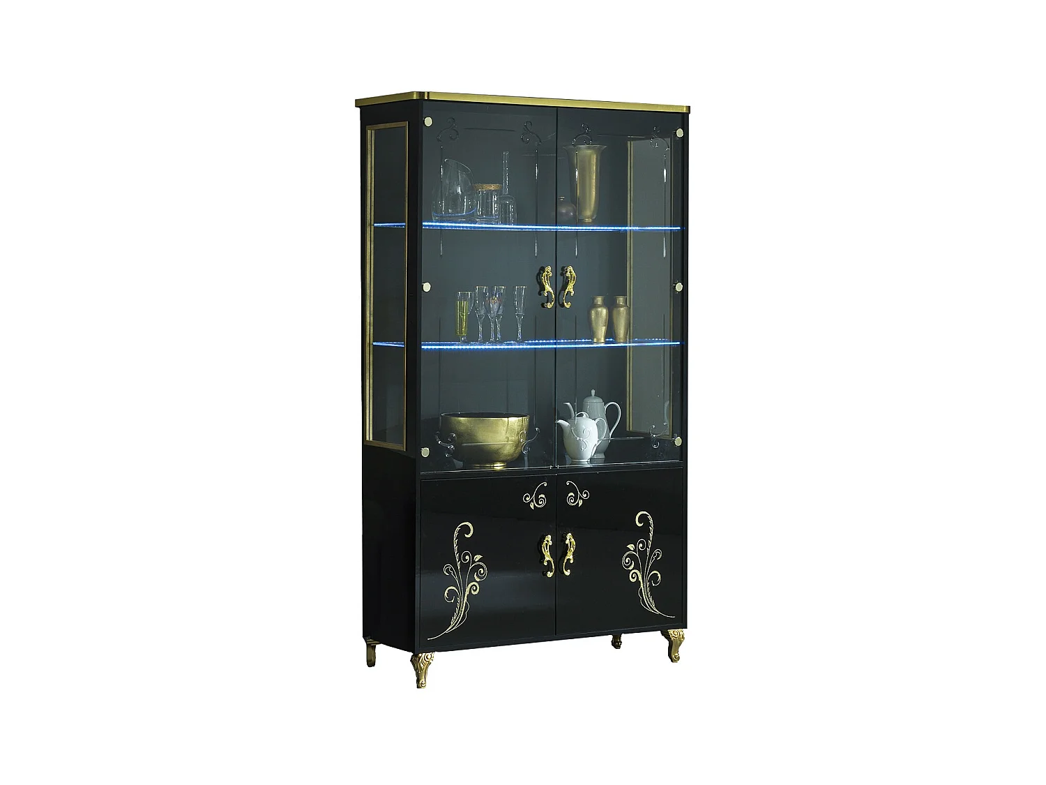 Vitrine à LED 4 portes bois vernis brillant noir et doré Jade 60cm