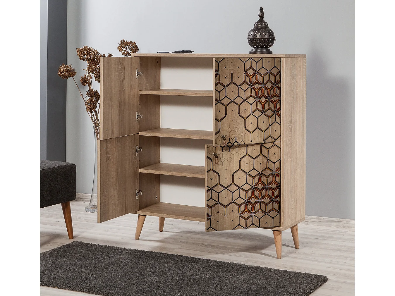 Meuble de rangement 4 portes en bois clair à lamelles Kiza 720