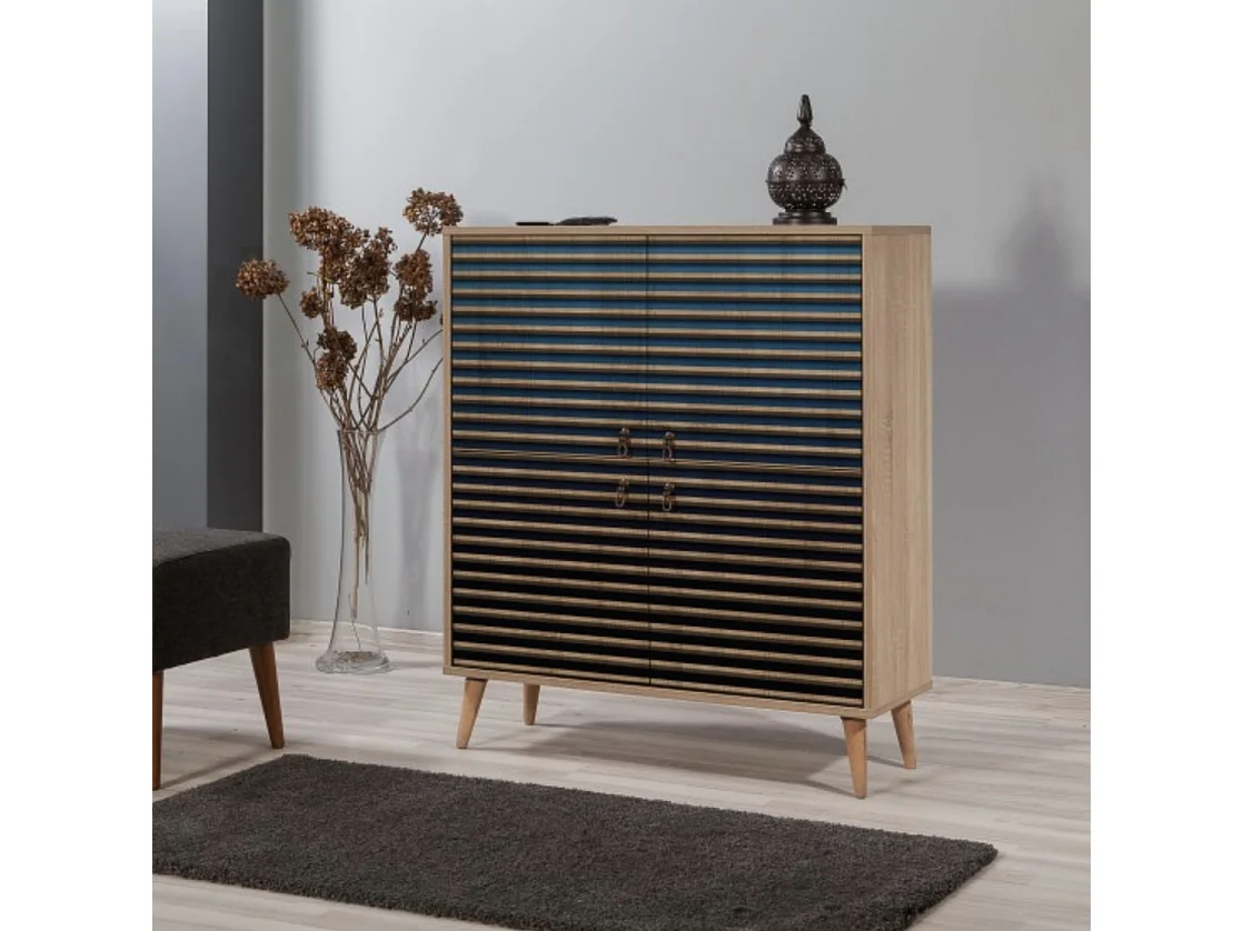 Meuble de rangement 4 portes en bois clair et dégradé bleu Kiza 222