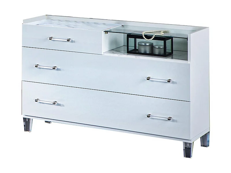 Commode design 3 tiroirs bois blanc laqué et verre transparent à Led Krystal 60cm