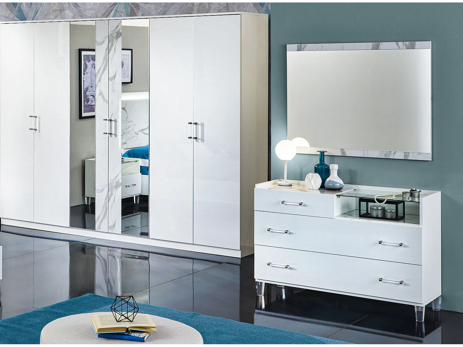 Commode design 3 tiroirs bois blanc laqué et verre transparent à Led Krystal 60cm