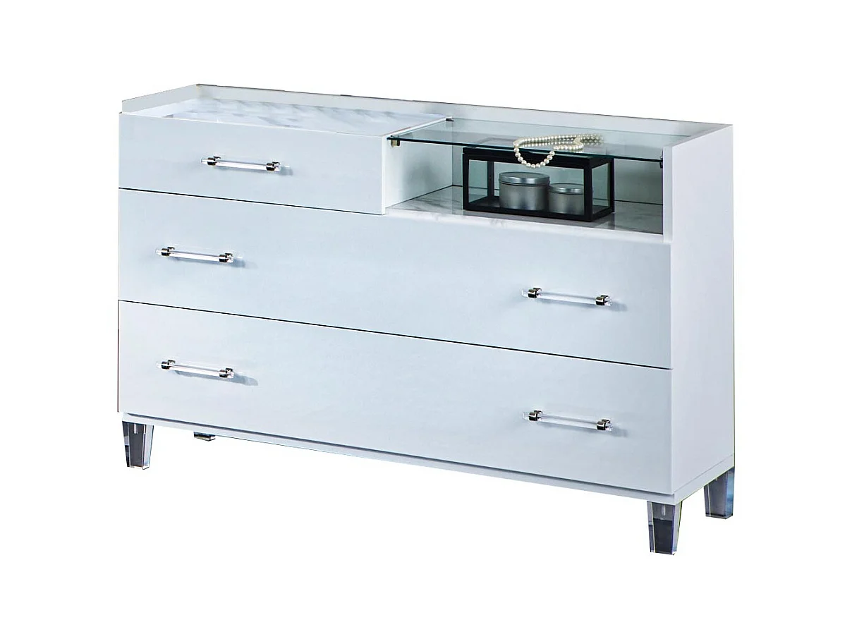 Commode design 3 tiroirs bois blanc laqué et verre transparent à Led Krystal 60cm