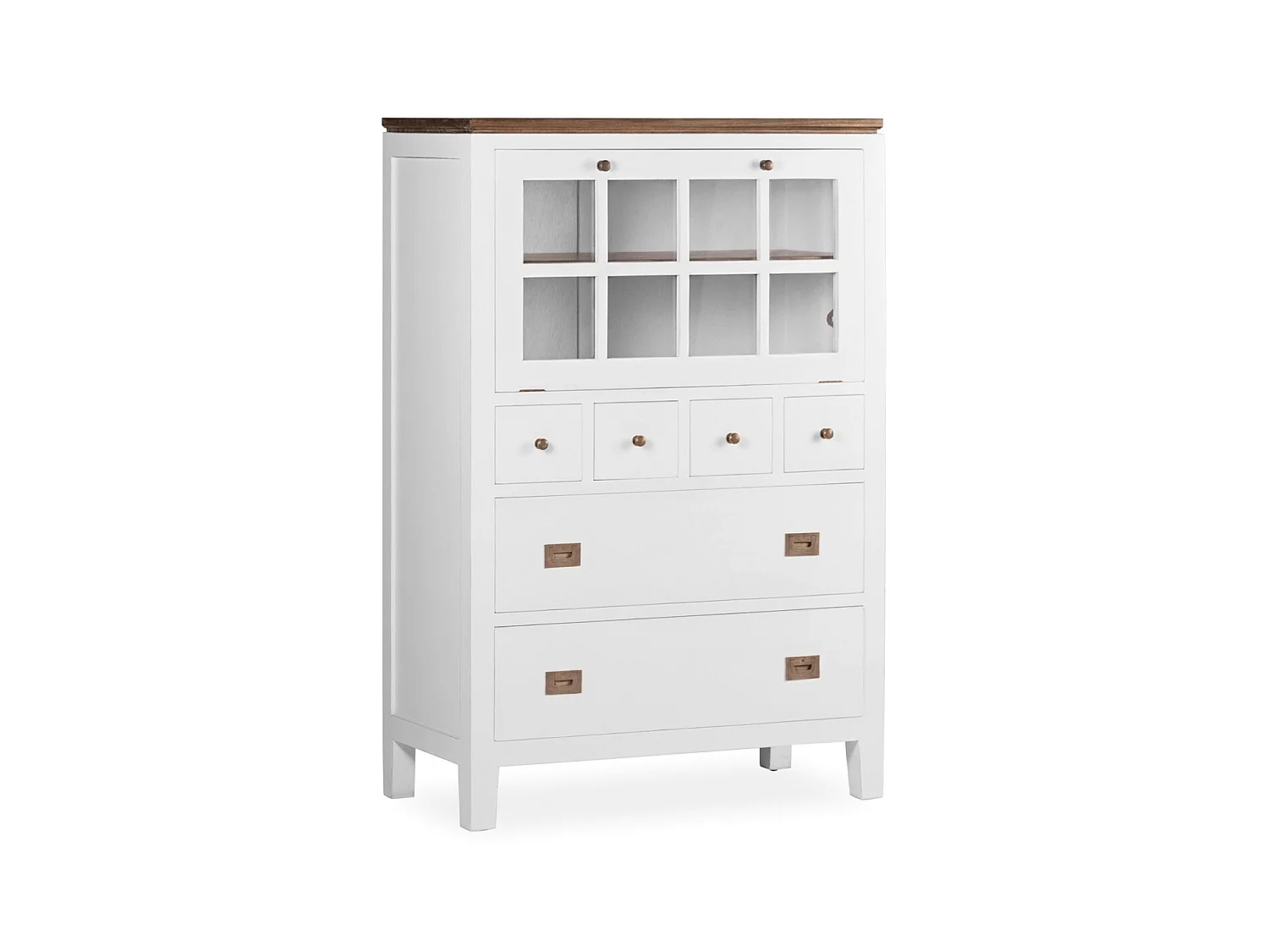 Commode haute provençale bois massif de mindi blanc et marron Kirest 90cm