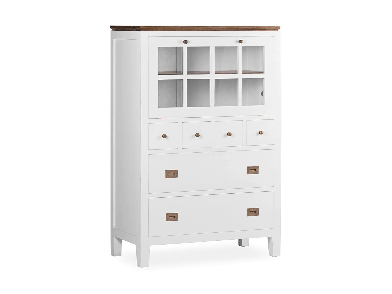 Commode haute provençale bois massif de mindi blanc et marron Kirest 90cm