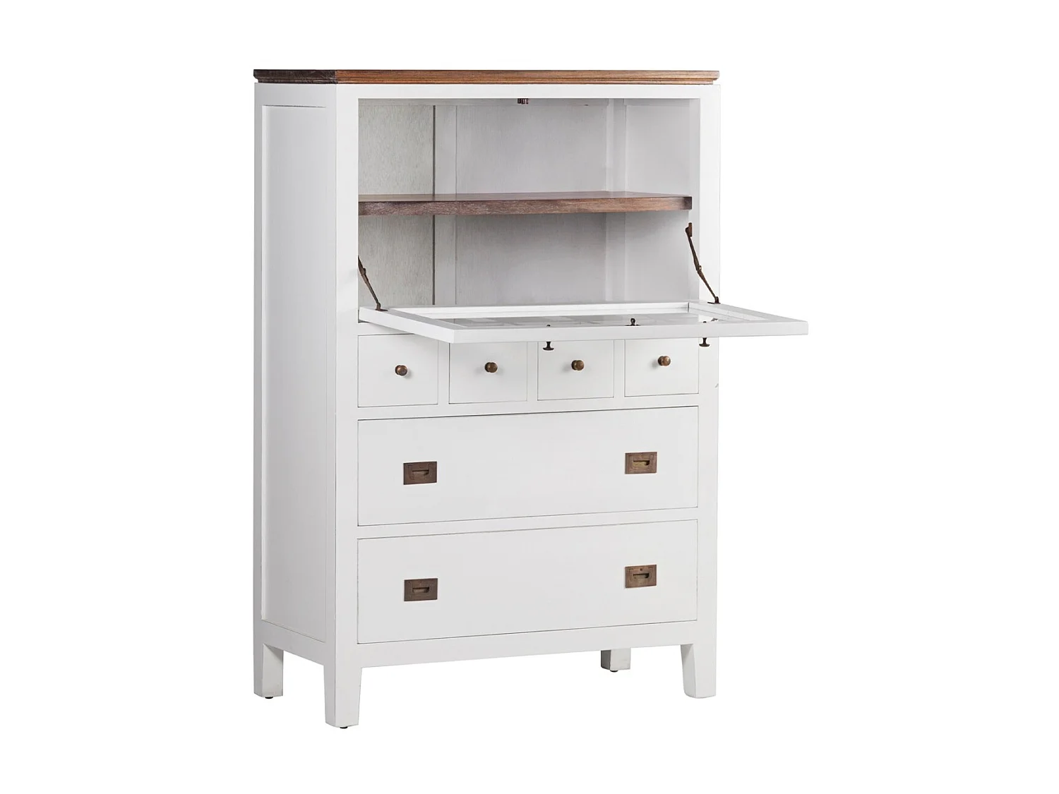 Commode haute provençale bois massif de mindi blanc et marron Kirest 90cm