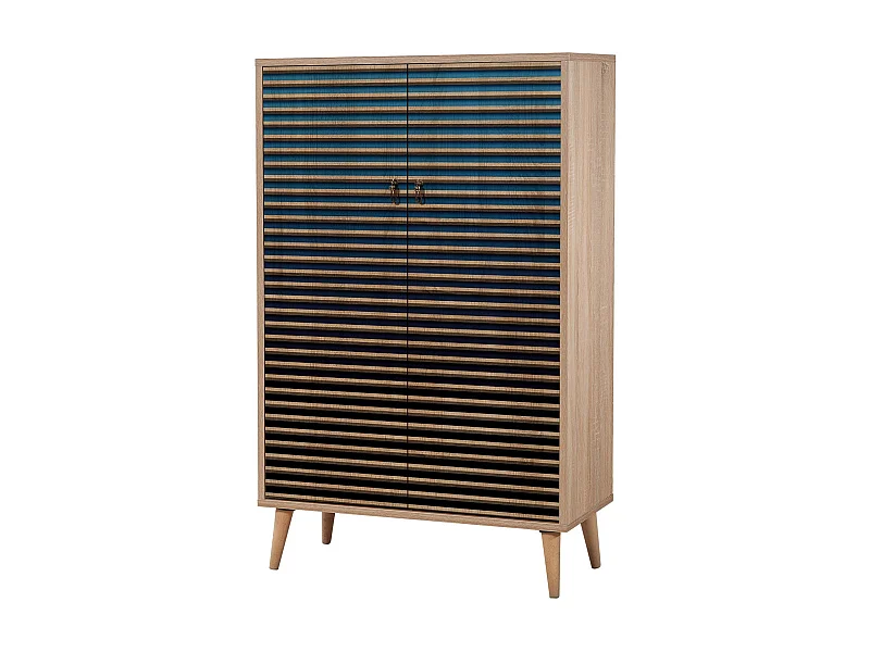 Commode haute 2 portes en bois clair et dégradé bleu Kiza 222