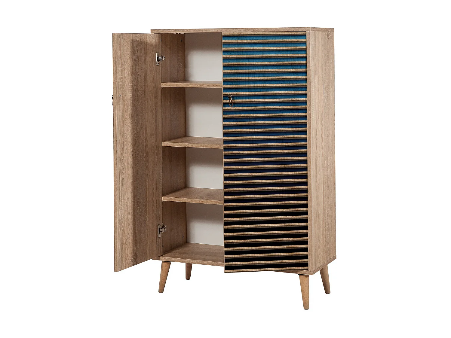 Hoge ladekast met 2 deuren in licht hout en blauw kleurverloop Kiza 222