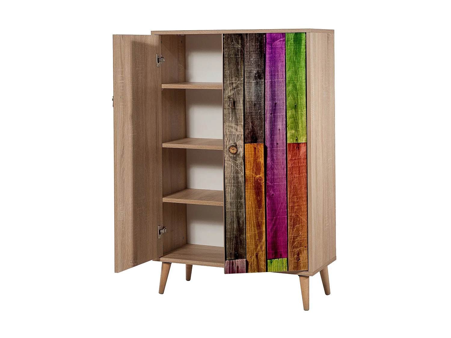 Commode haute 2 portes en bois clair et multicouleurs Kiza 726