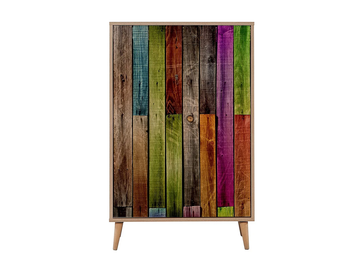 Commode haute 2 portes en bois clair et multicouleurs Kiza 726