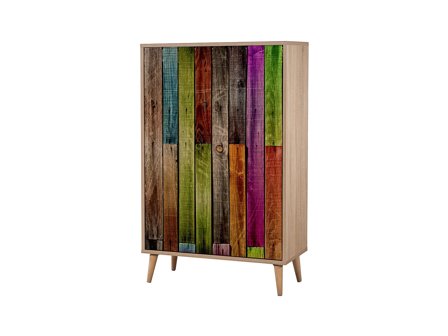 Commode haute 2 portes en bois clair et multicouleurs Kiza 726