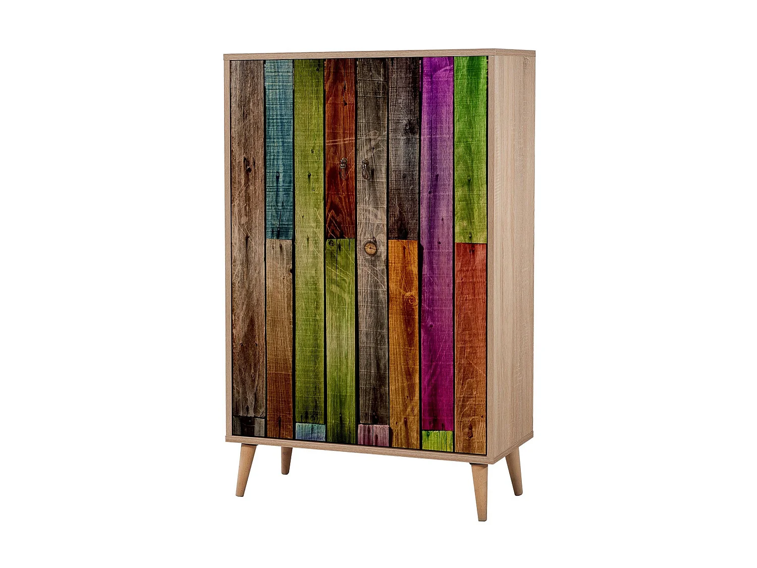 Commode haute 2 portes en bois clair et multicouleurs Kiza 726