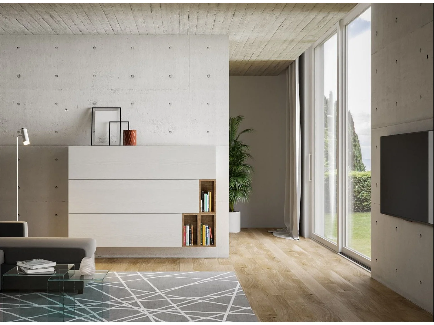 Meuble modulable fixe ou suspendu blanc et chênes clair Ela - 6 piéces