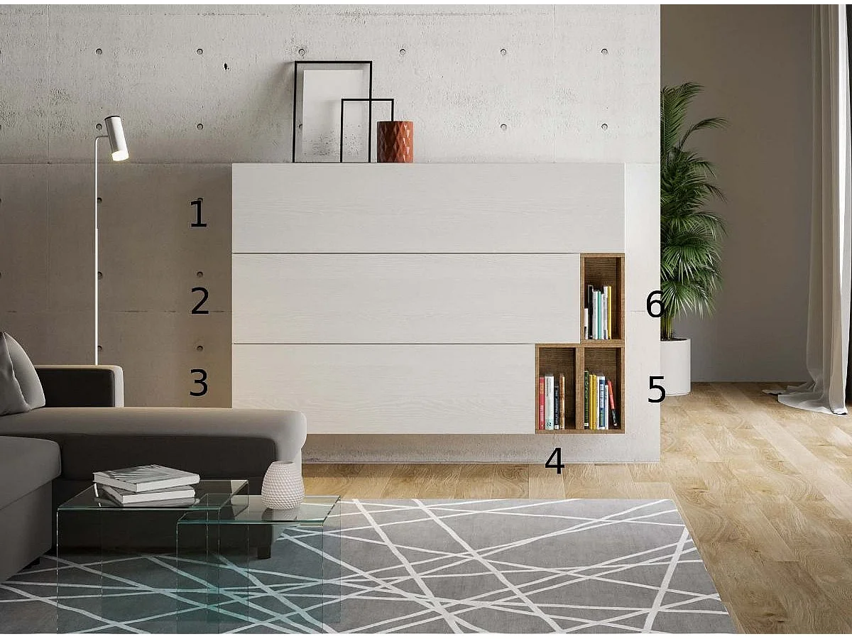 Vast of hangend modulair meubilair in wit en licht eiken Ela - 6 stuks