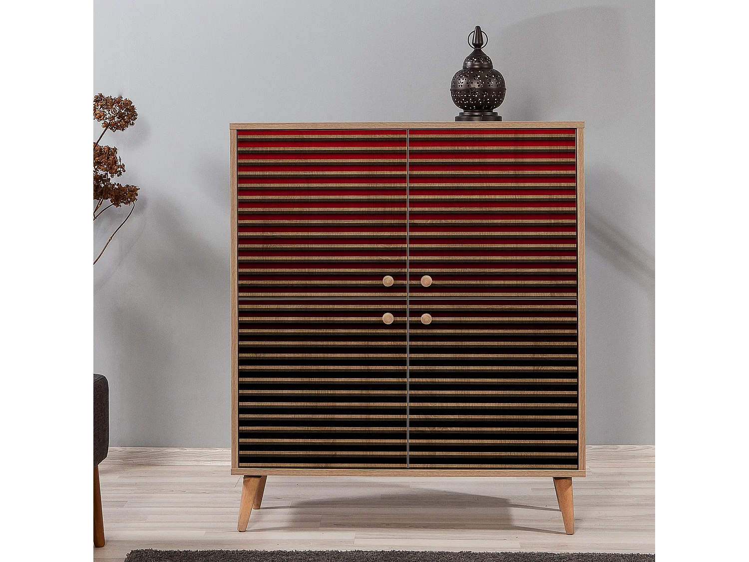 Meuble de rangement 4 portes bois clair et dégradé rouge Kiza 221