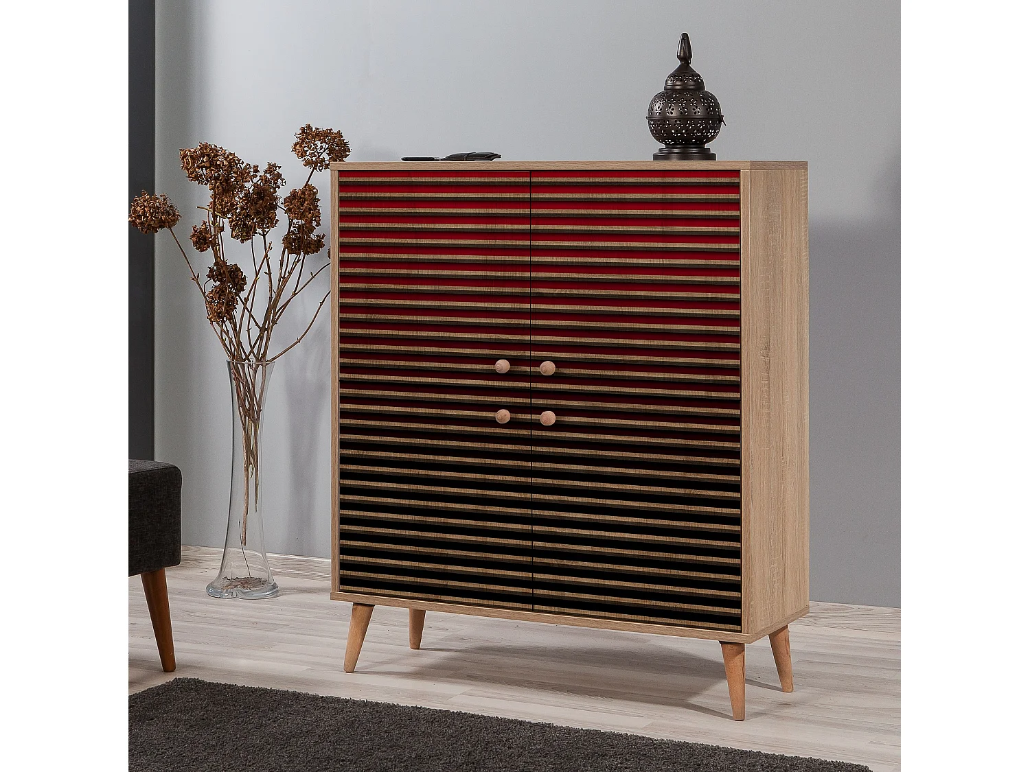 Meuble de rangement 4 portes bois clair et dégradé rouge Kiza 221