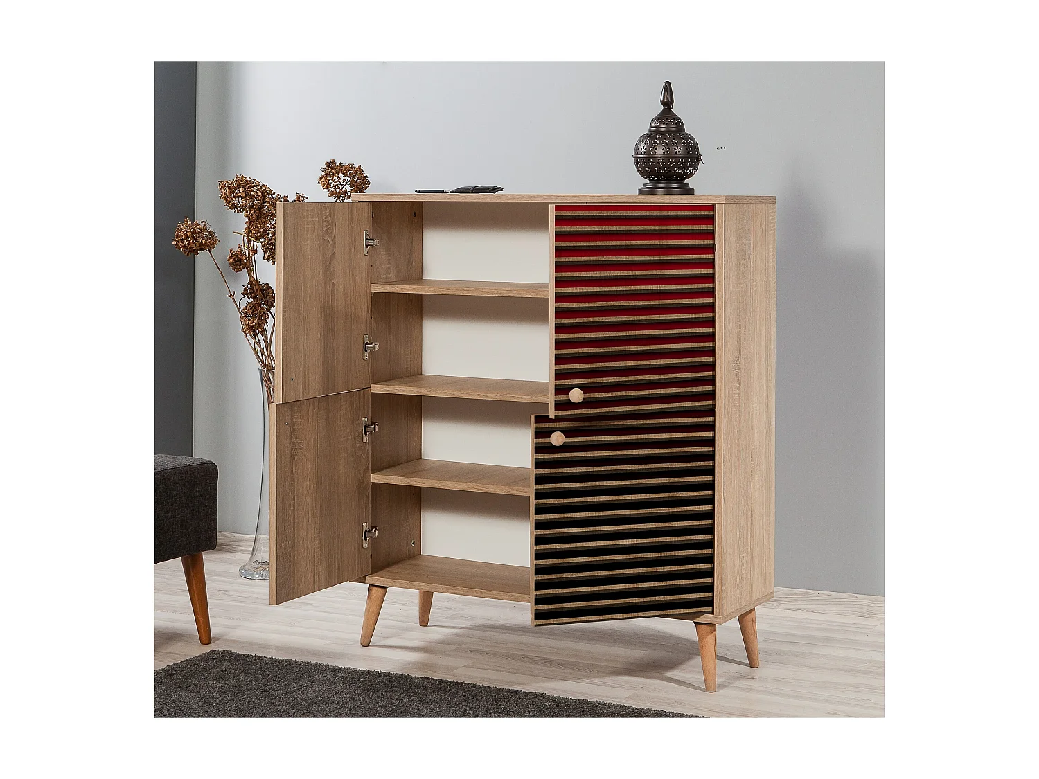 Meuble de rangement 4 portes bois clair et dégradé rouge Kiza 221