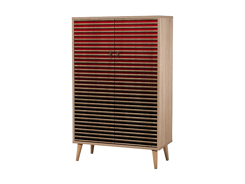 Commode haute 2 portes en bois clair et dégradé rouge Kiza 221