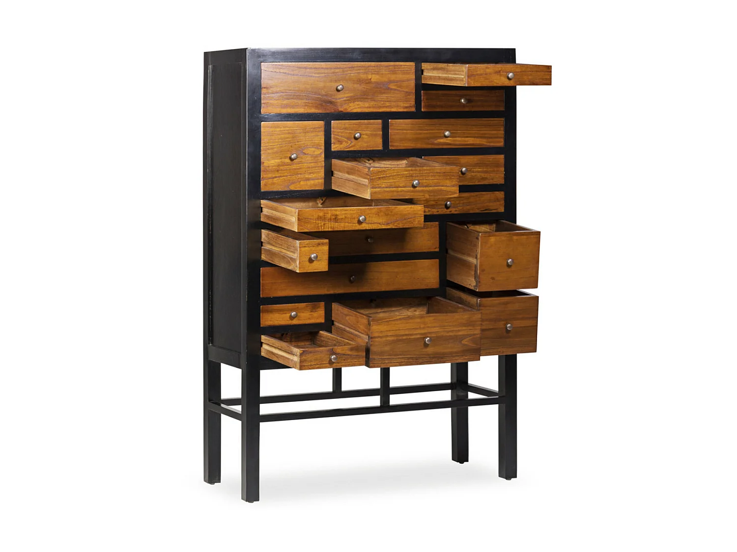 Commode en bois massif de Mindy noir et naturel 18 tiroirs Ranka 100cm