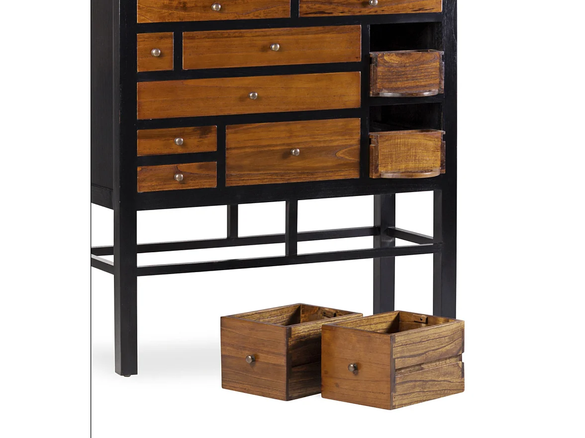 Commode en bois massif de Mindy noir et naturel 18 tiroirs Ranka 100cm