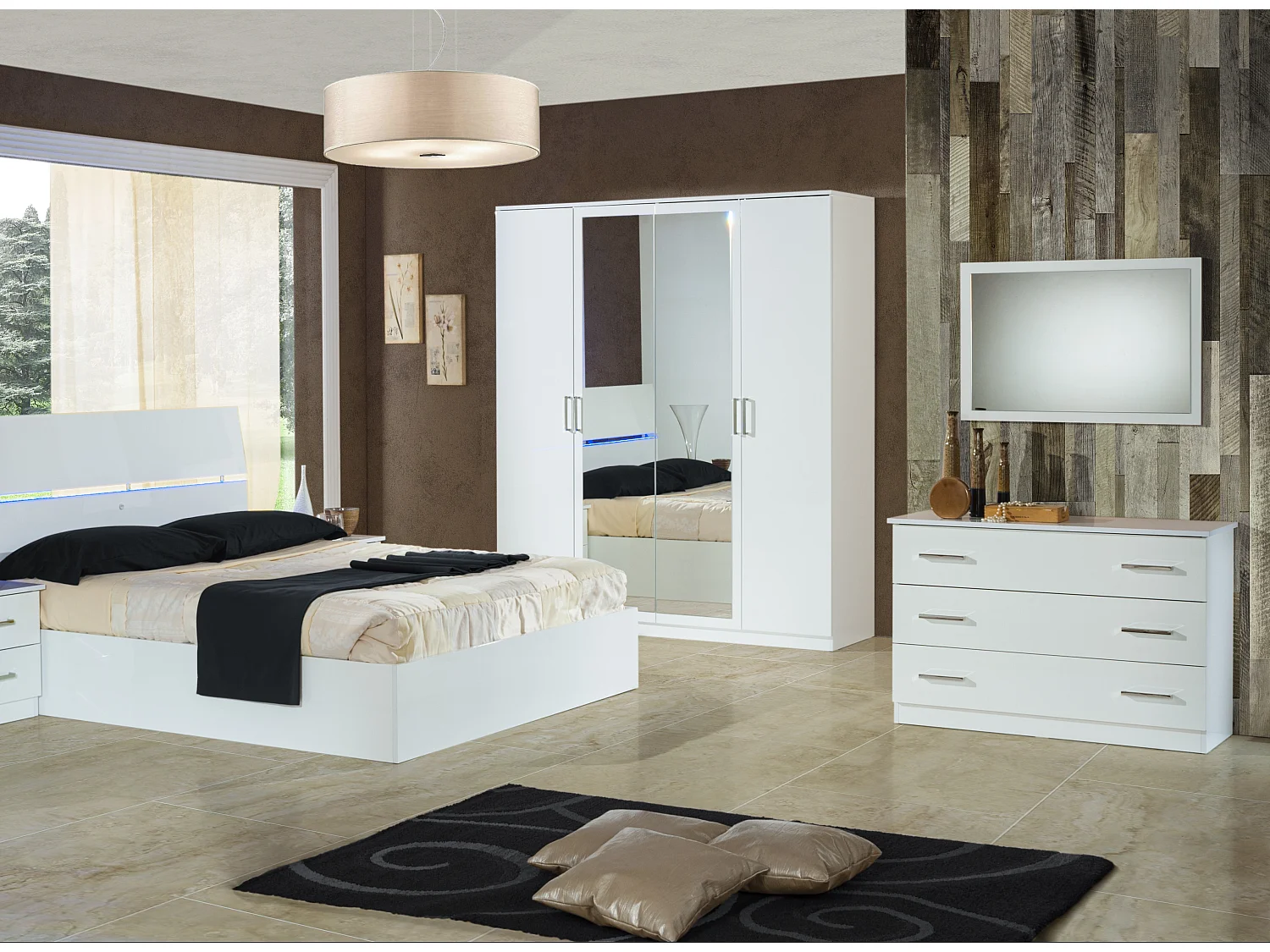 Commode moderne 3 grands tiroirs bois blanc laqué Mona 118cm