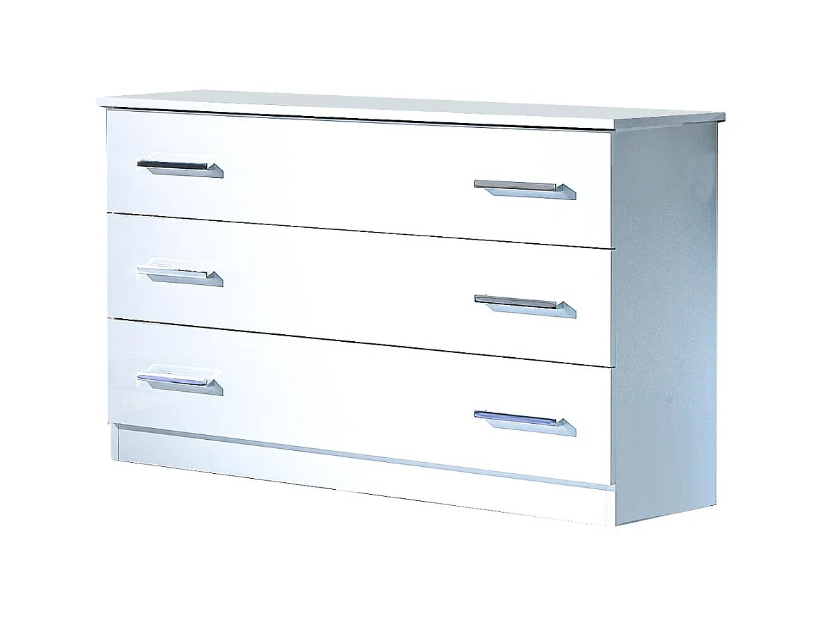 Commode moderne 3 grands tiroirs bois blanc laqué Mona 118cm