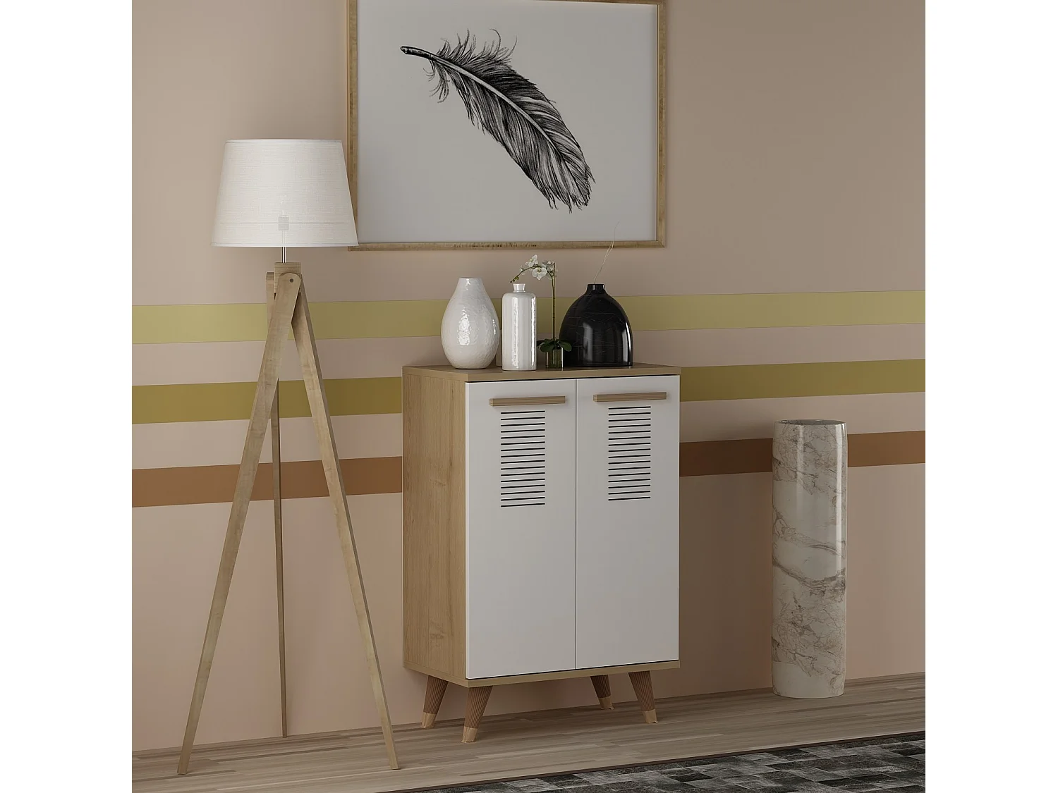 Petite commode Chêne Saphir et blanc 2 portes Parko 60cm