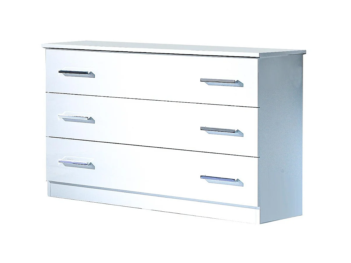 Commode design 3 grands tiroirs bois blanc laqué avec poignées chromées Turin 116cm