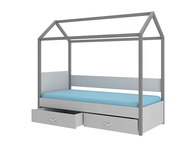 Lit enfant cabane bois pin gris graphite et gris clair 90x200 avec 2 tiroirs de rangement Forka