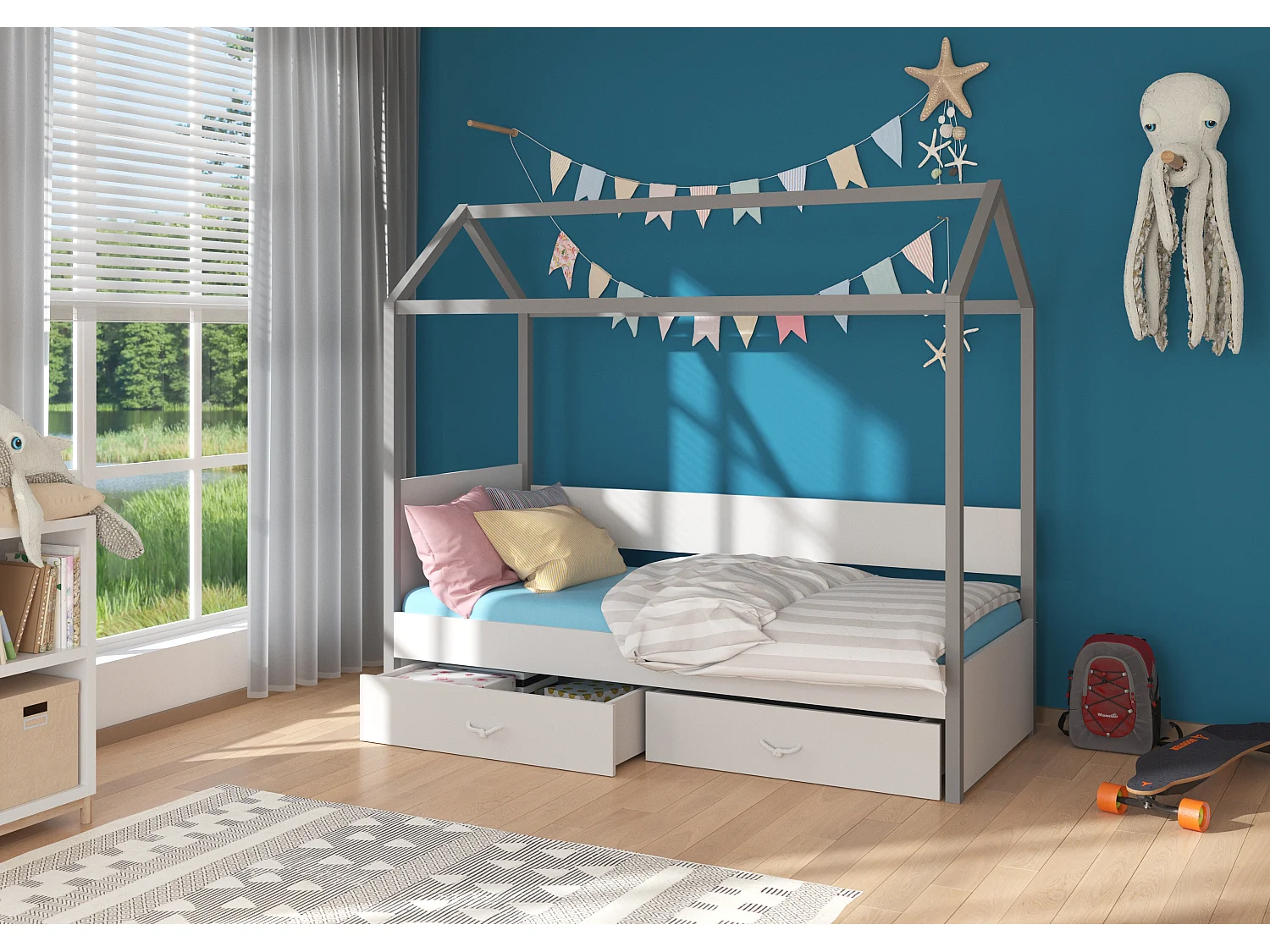 Lit enfant cabane bois pin gris graphite et gris clair 90x200 avec 2 tiroirs de rangement Forka