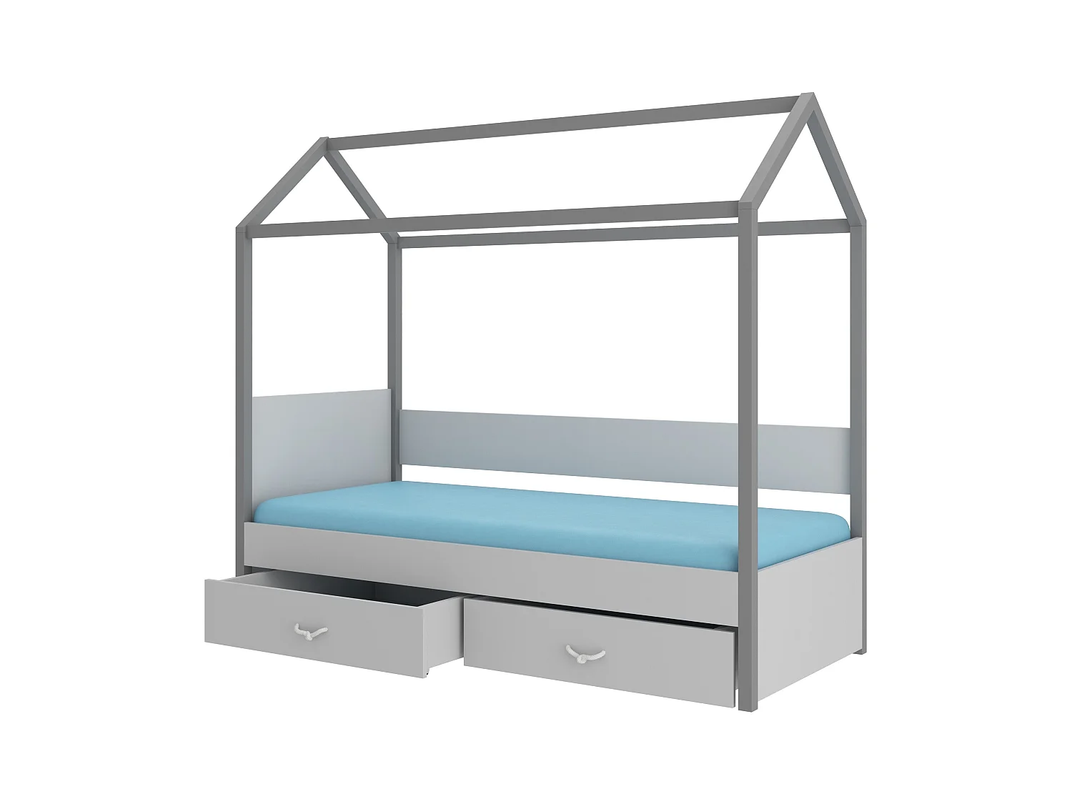 Lit enfant cabane bois pin gris graphite et gris clair 90x200 avec 2 tiroirs de rangement Forka