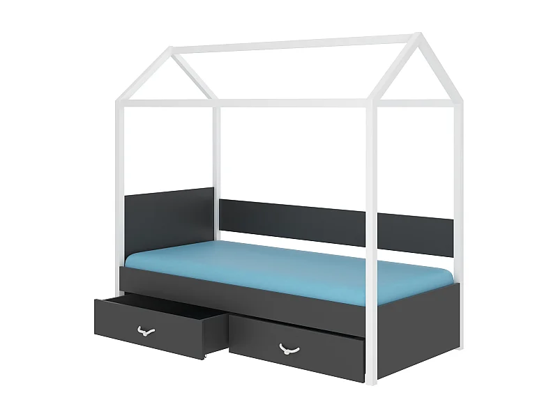 Lit enfant cabane bois pin blanc et gris graphite 90x200 avec 2 tiroirs de rangement Forka