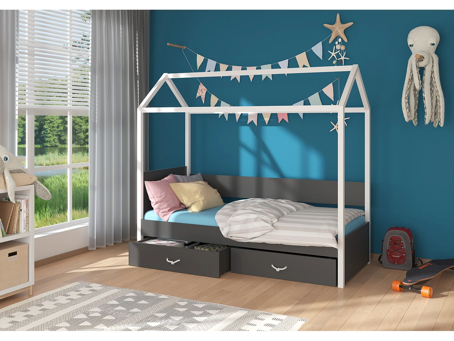 Lit enfant cabane bois pin blanc et gris graphite 90x200 avec 2 tiroirs de rangement Forka