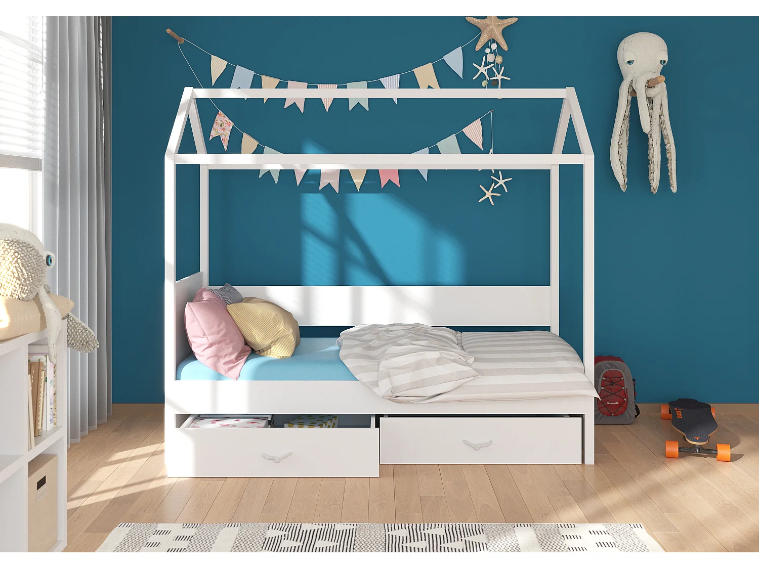 Lit enfant cabane bois pin blanc et gris graphite 90x200 avec 2 tiroirs de rangement Forka