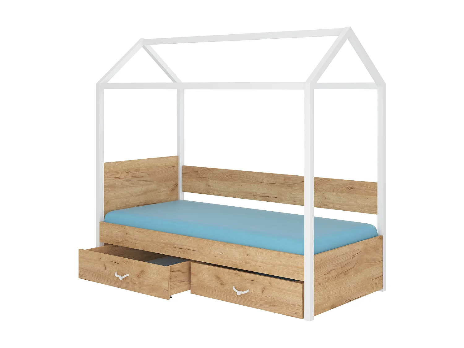 Lit enfant cabane bois pin blanc et bois oak 90x200 avec 2 tiroirs de rangement Forka