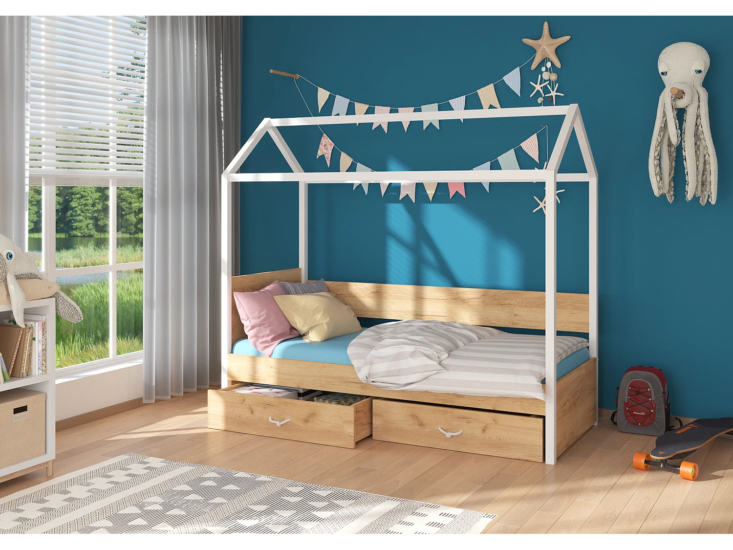 Lit enfant cabane bois pin blanc et bois oak 90x200 avec 2 tiroirs de rangement Forka